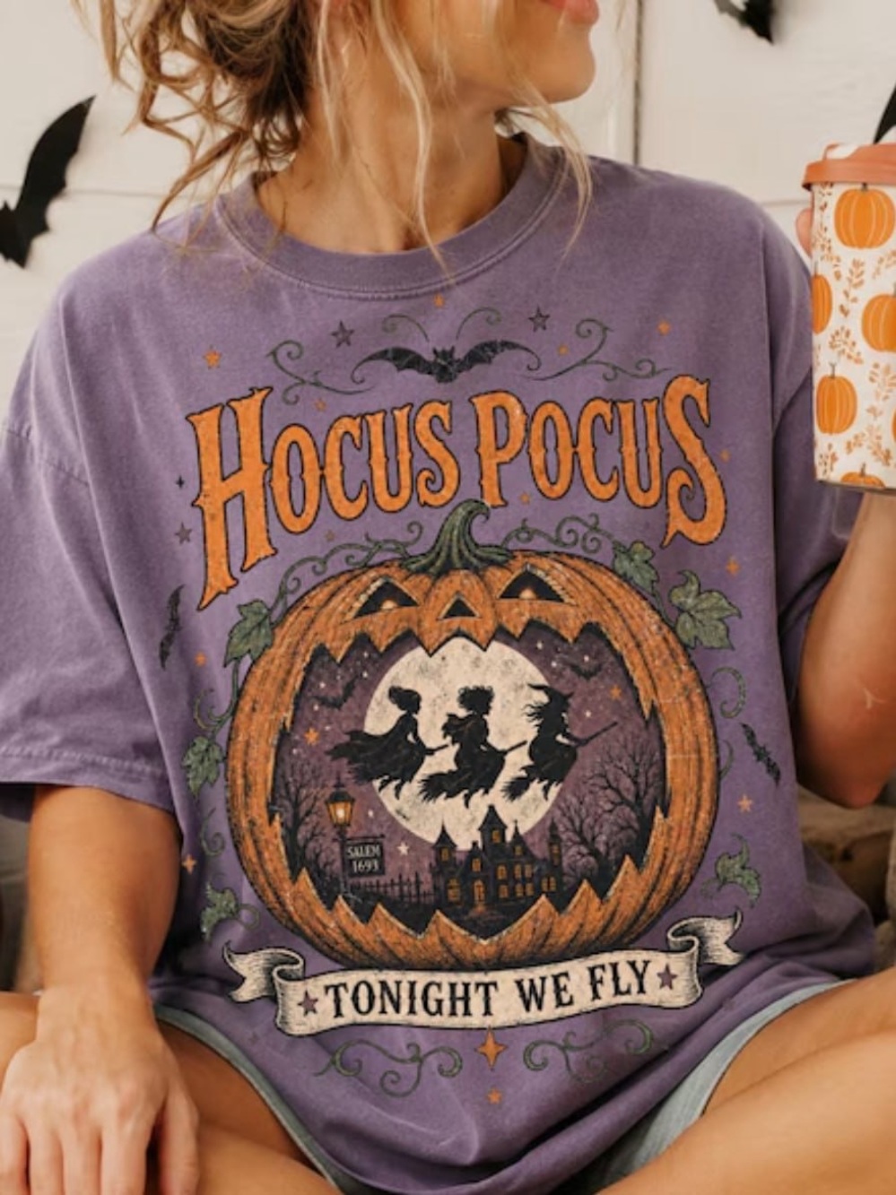 Comfort Colors Violet Hocus Pocus Graphic Tee with Orange Pumpkin
